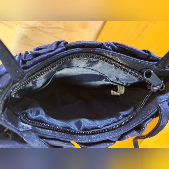 Navy Blue 1980's Vintage Rosette 9 X 6" Clutch with Strap - Picture 3 of 6